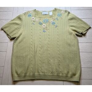 Alfred Dunner Knit Top Women Secret Garden Green Floral Embroidered Sz M Cottage